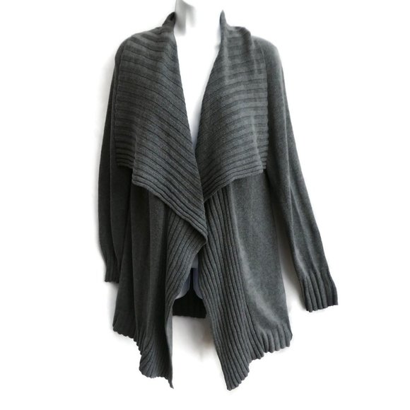Organic Cotton Eileen Fisher Cardigan Long Waterfall Gray Ribbed Knit Cuffs Hem - Picture 1 of 6